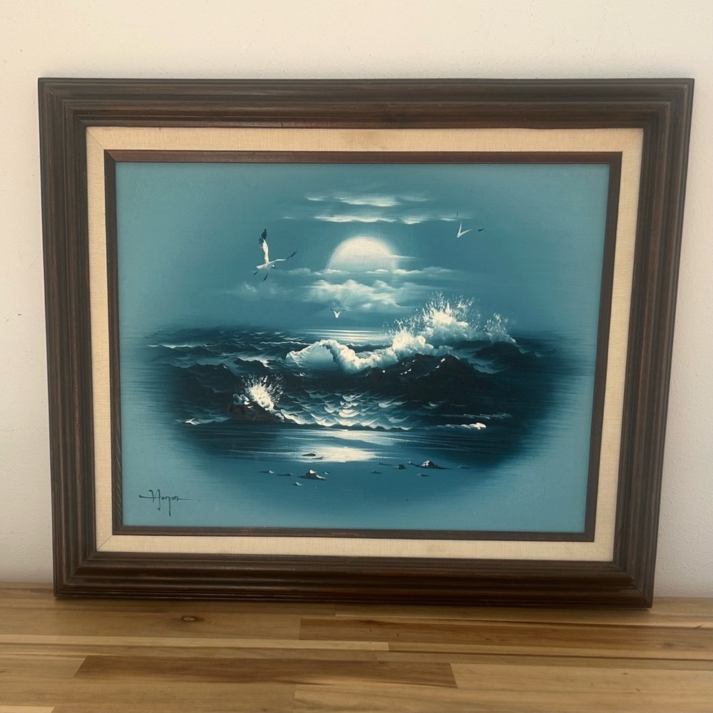 Vtg Moody Midcentury Seascape Oil Painting Framed Signed Nautical Seagull Waves